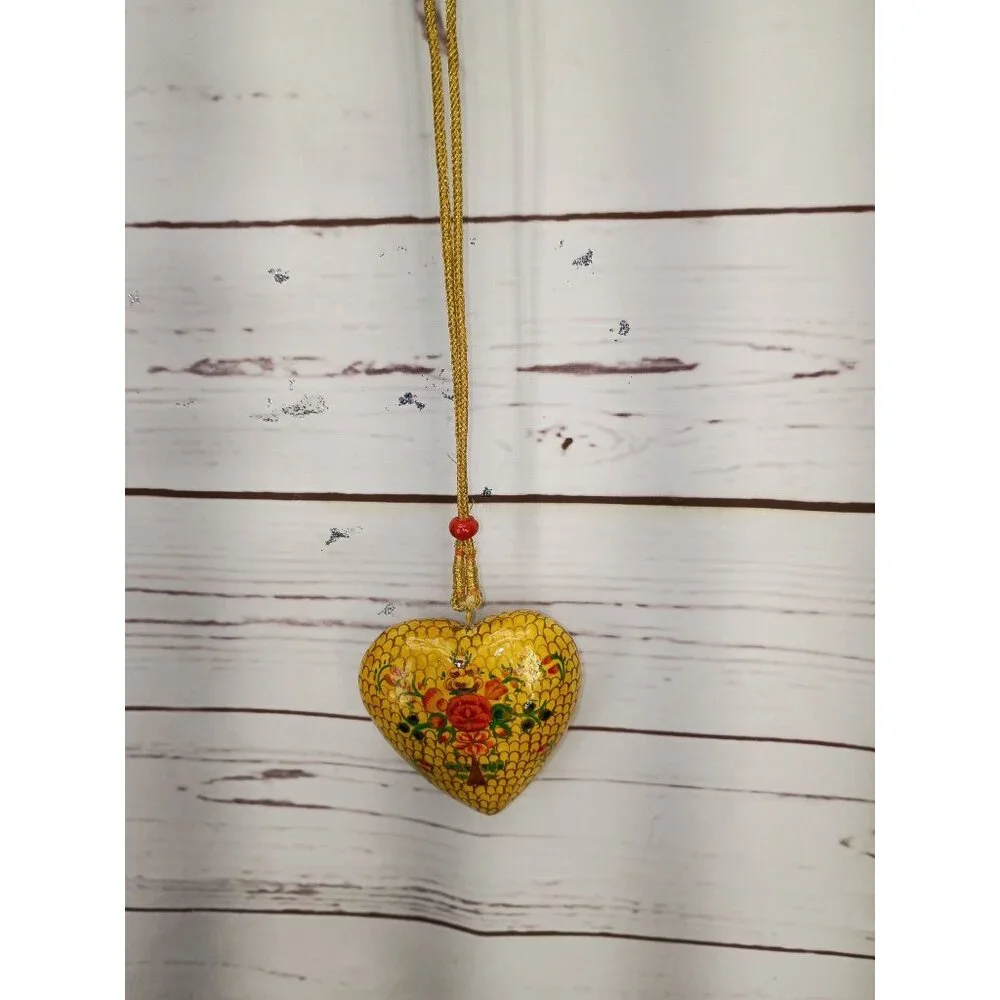 Hand-Painted Wooden Heart Ornament With Floral Design &‎ Gold Cord Yellow